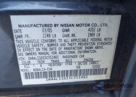 2005 Nissan Altima 2.5 S z USA, uszkodzony, nr VIN 1N4AL11D15C351465